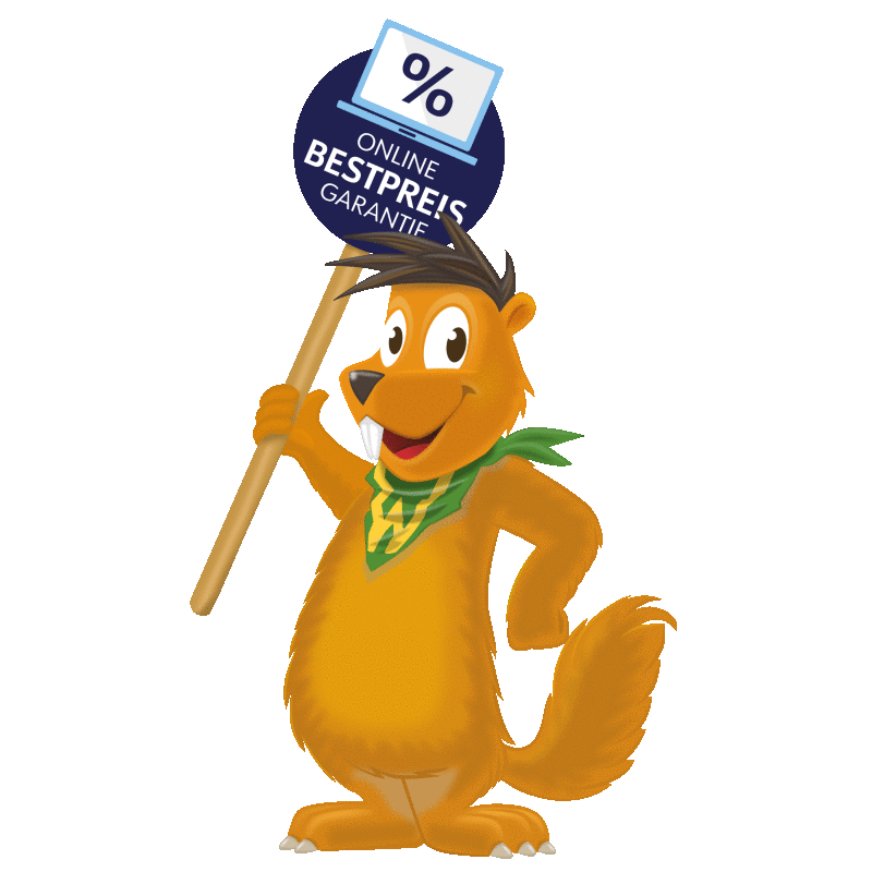 The Wagraini beaver holds sign that shows online best price guarantee for Snow Space 