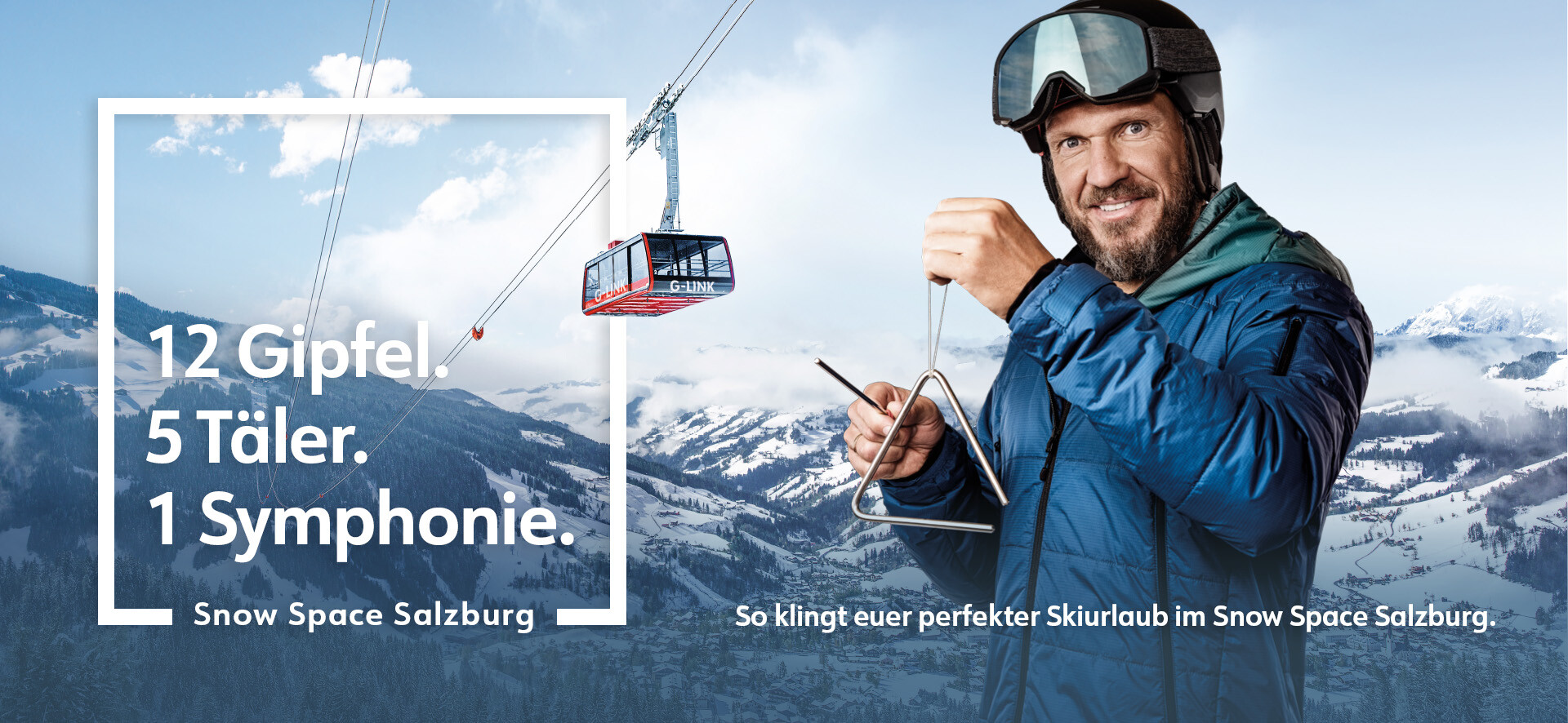 Hermann Maier in Skiausrüstung vor einer Gondel der Pendelbahn G-Link von Snow Space Salzburg